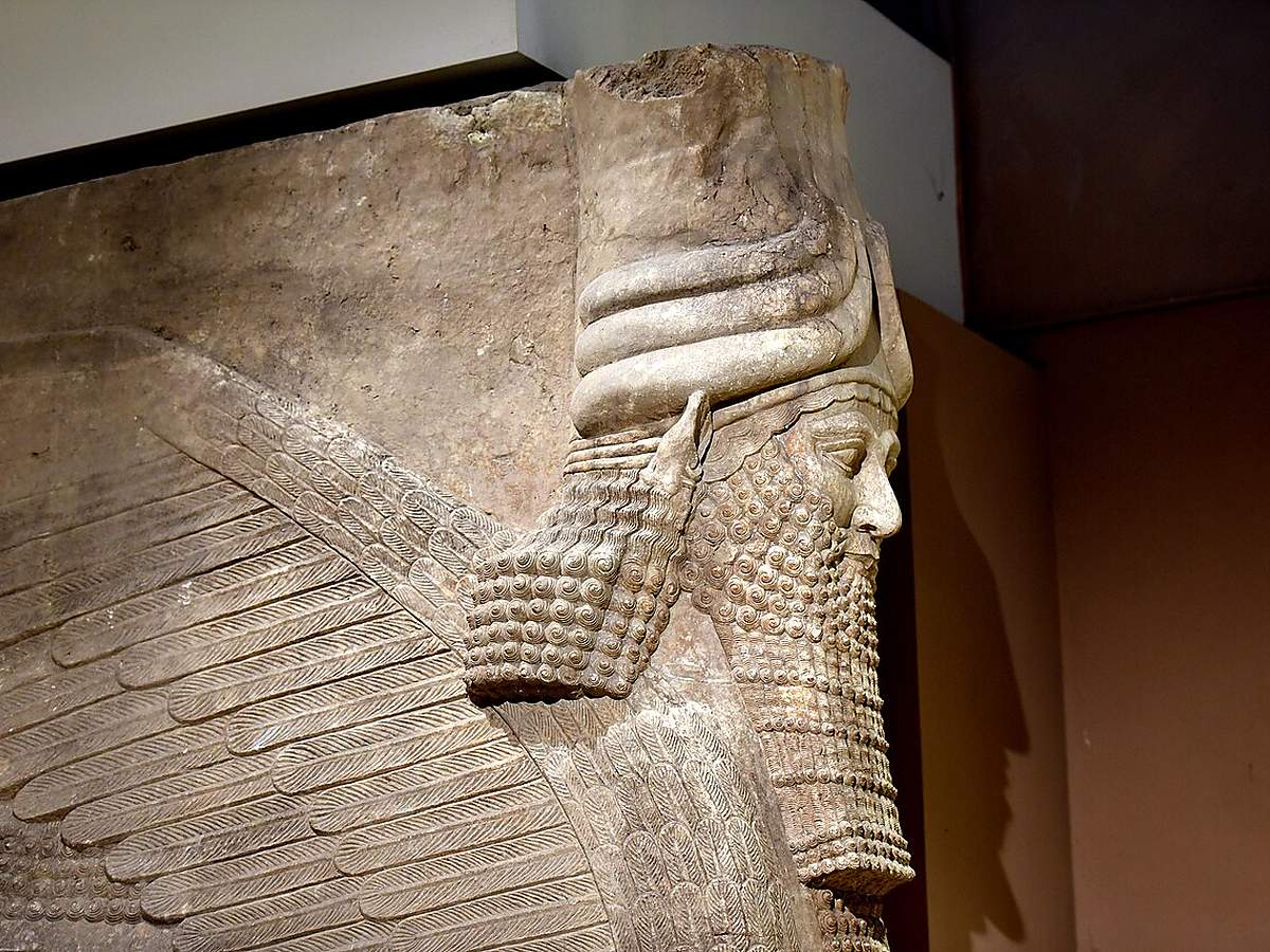 Winged human-headed Assyrian lamassu sculpture from Khorsabad in the Iraq Museum