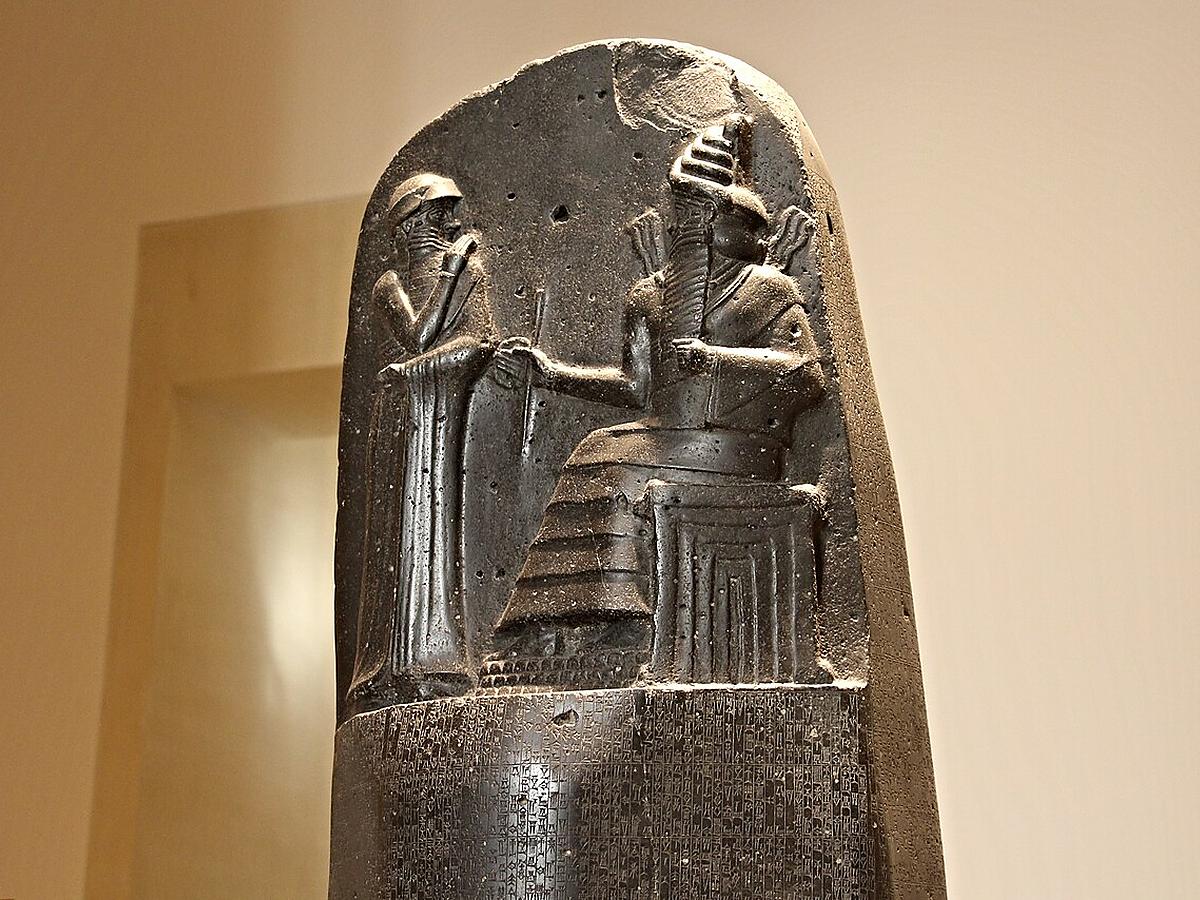 Upper relief and cuneiform text on the ancient Code of Hammurabi stele