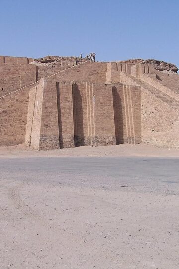 Reconstructed Great Ziggurat of Ur rising above the desert in southern Iraq