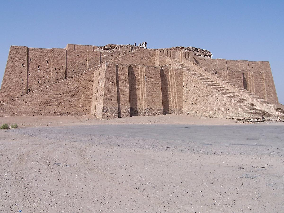 Reconstructed Great Ziggurat of Ur rising above the desert in southern Iraq