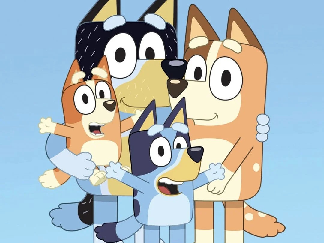 Bluey, Bingo, Bandit, and Chilli Heeler together