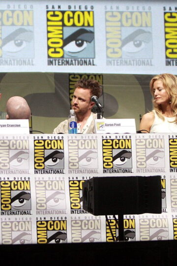 Vince Gilligan with Breaking Bad stars Bryan Cranston, Aaron Paul, Anna Gunn, and Bob Odenkirk at Comic-Con