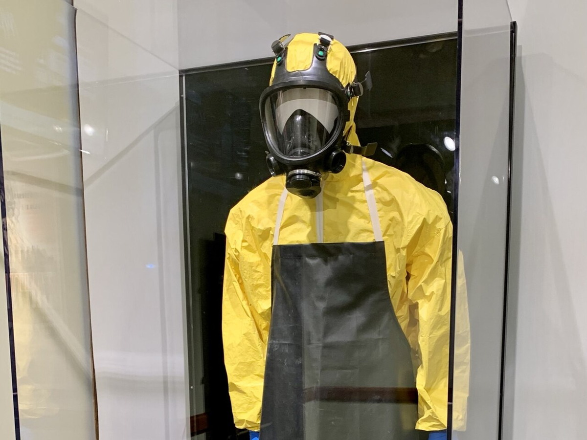 A gas mask worn on screen during Breaking Bad displayed at the Mob Museum in Las Vegas