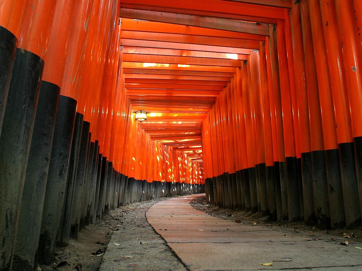 Rows of red torii gates at Fushimi Inari Shrine in Kyoto