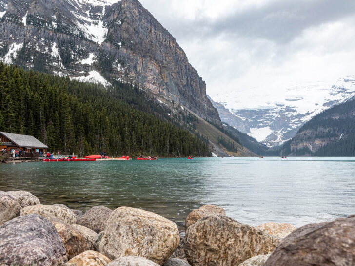 Turquoise Lake Louise and mountains in Banff National Park, Canada