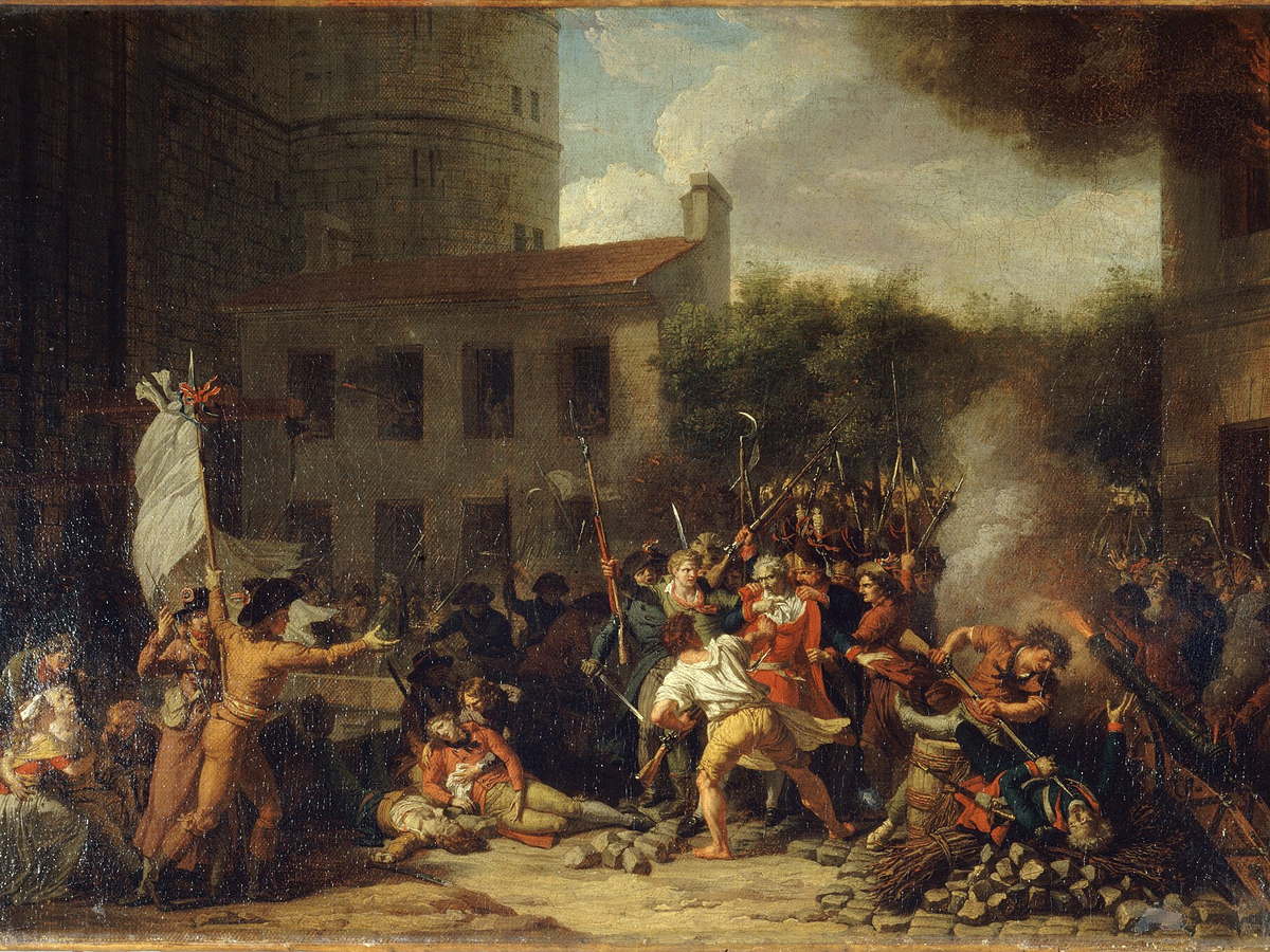 Revolutionary crowds storming the Bastille in Paris on July 14, 1789