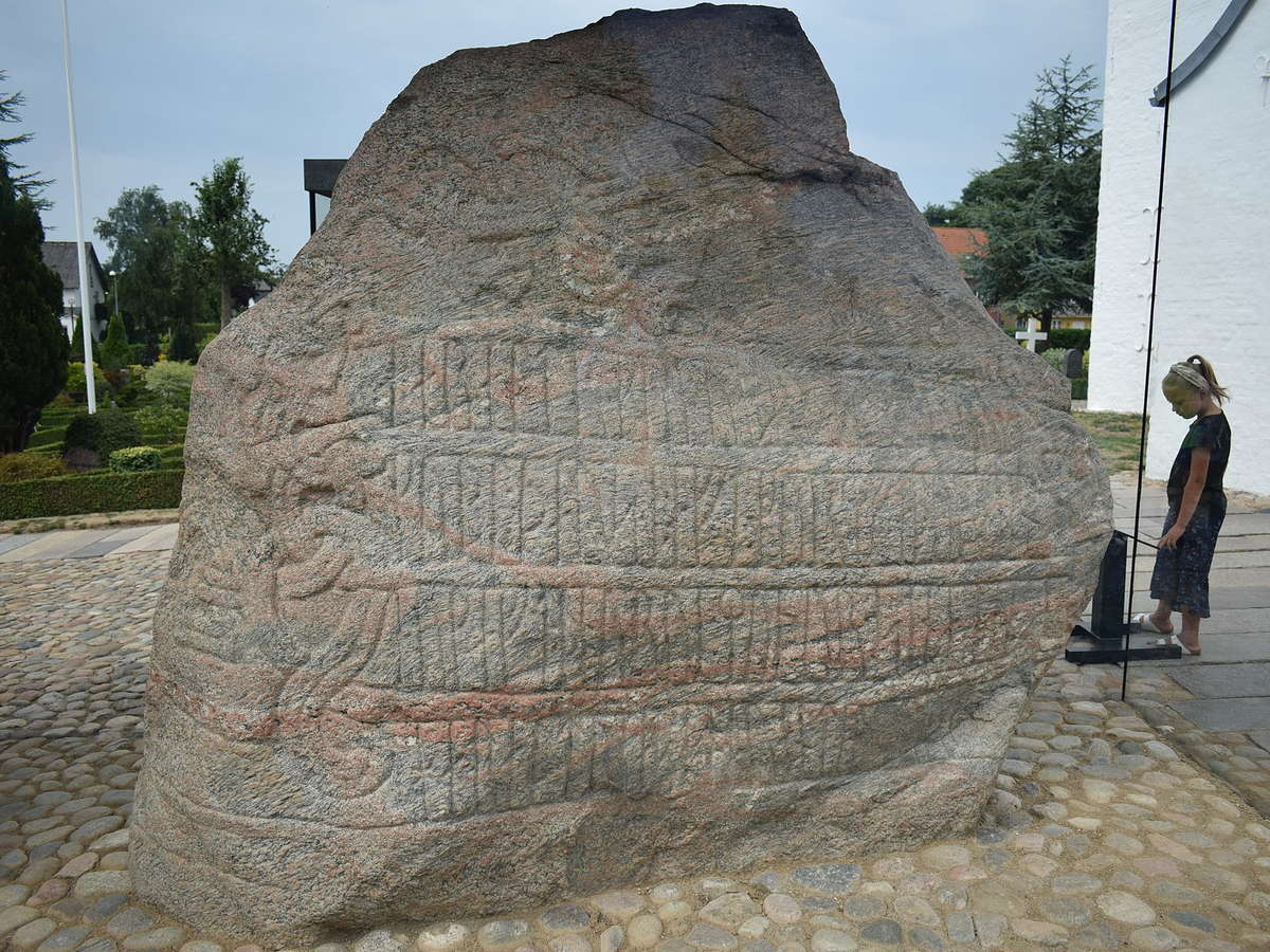 Carved face of Harald Bluetooth's large Jelling runestone in Denmark