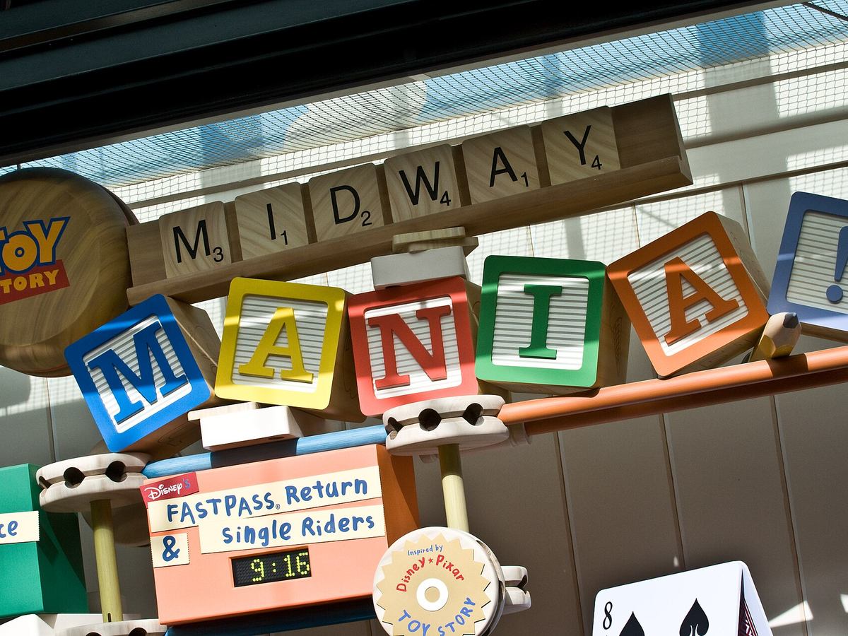 Toy Story Midway Mania attraction entrance at Pixar Place in Disney's Hollywood Studios
