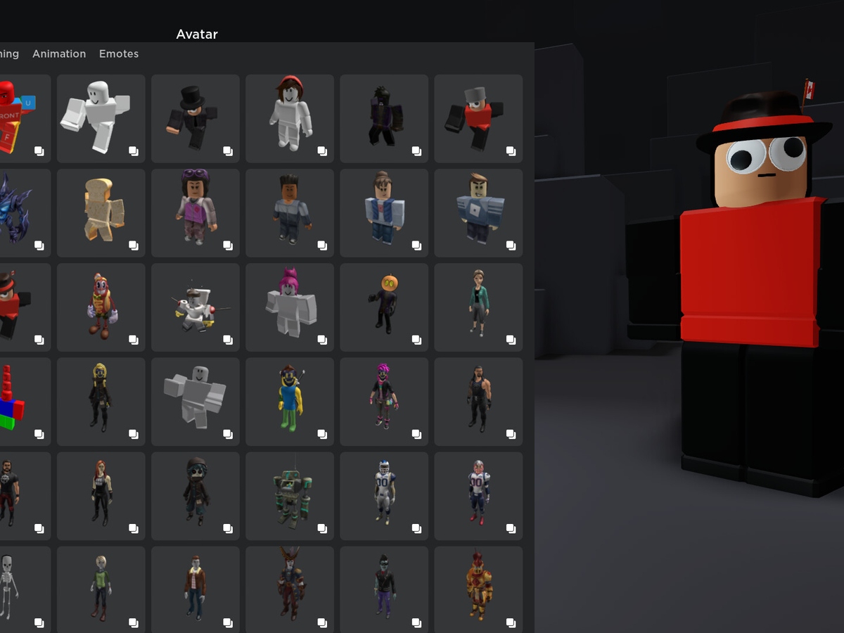 Roblox avatar customization screen with character choices