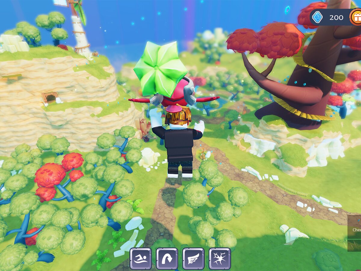 Roblox avatar exploring a colorful user-created world