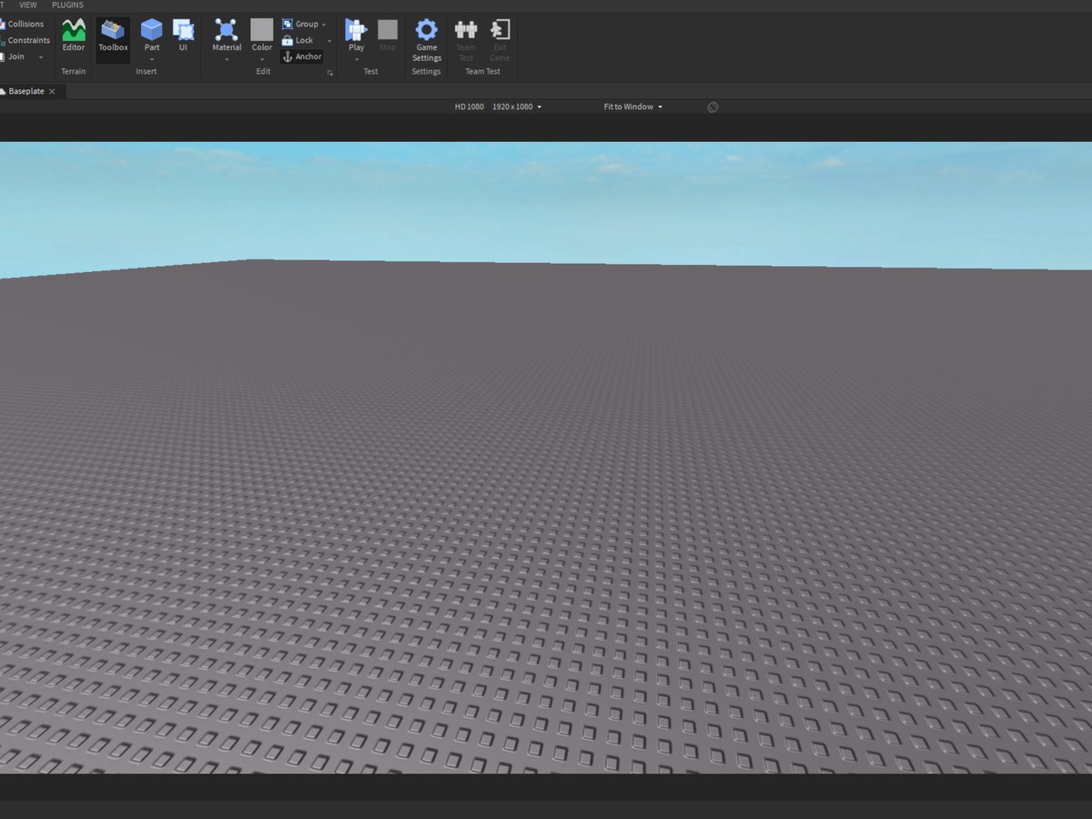 Roblox Studio interface with a blank baseplate and editing panels