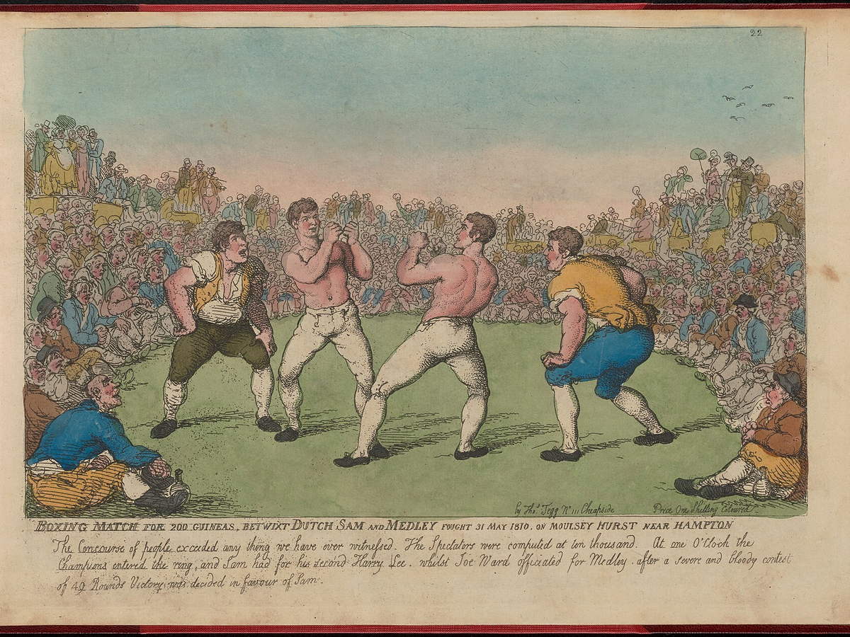 Historical illustration of the 1810 boxing match between Dutch Sam and Medley
