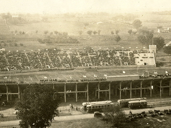 Historic view of Kansas State Memorial Stadium on a college football game day in 1924