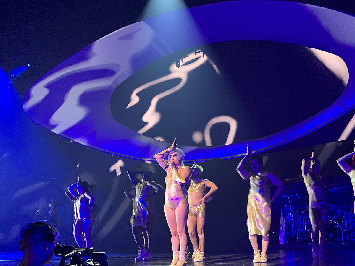 Lady Gaga performs Born This Way with dancers during her Enigma residency in Las Vegas
