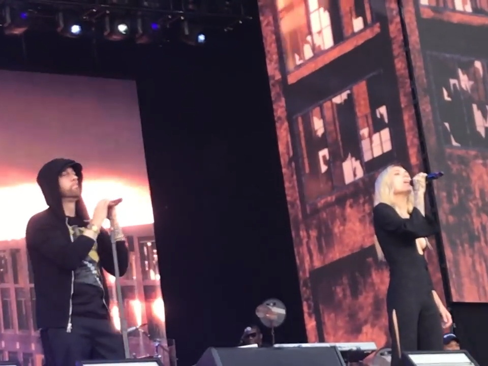 Eminem performing with Skylar Grey in 2018