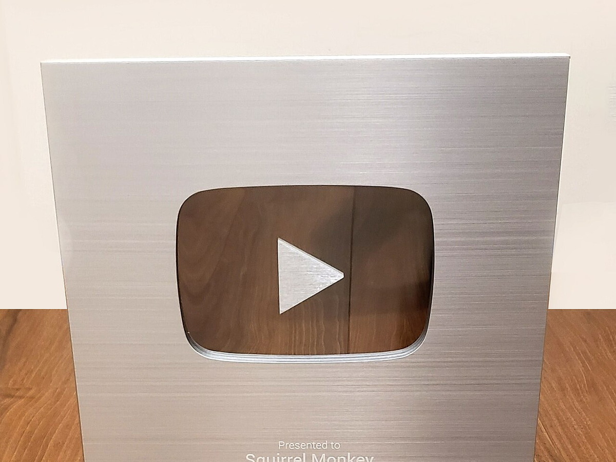 Silver YouTube Creator Award presented to the Squirrel Monkey channel