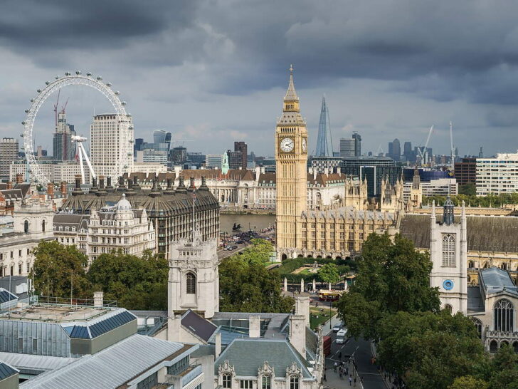 Palace of Westminster and Elizabeth Tower viewed from Methodist Central Hall in London