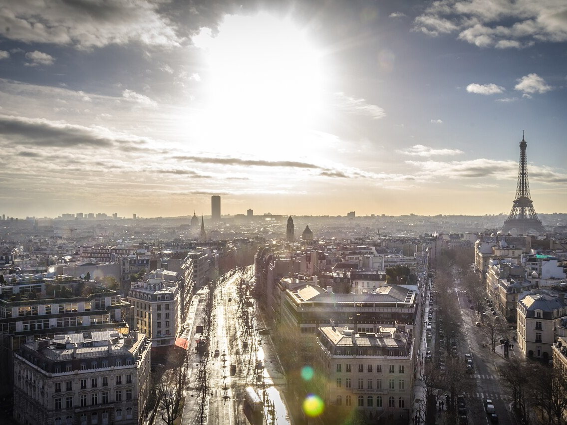 Paris skyline with the Eiffel Tower seen from the Arc de Triomphe