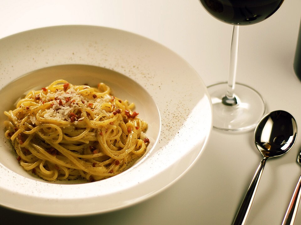 Plate of spaghetti alla carbonara, a pasta dish associated with Rome