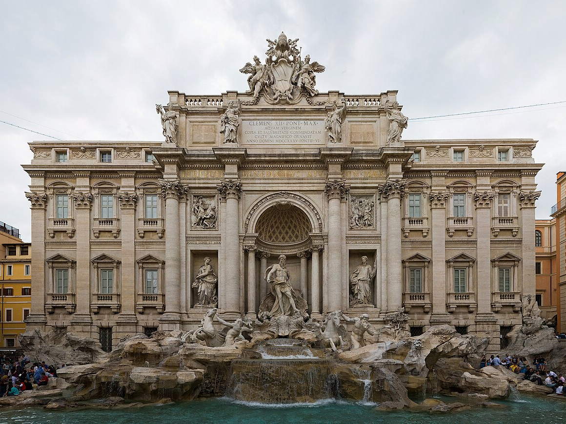 Panoramic view of the Trevi Fountain in Rome, Italy