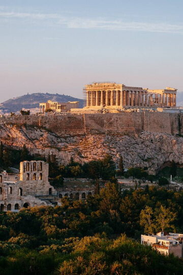 Classic view of the Acropolis rising above Athens, Greece
