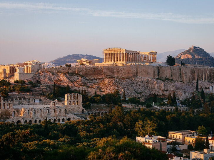 Classic view of the Acropolis rising above Athens, Greece