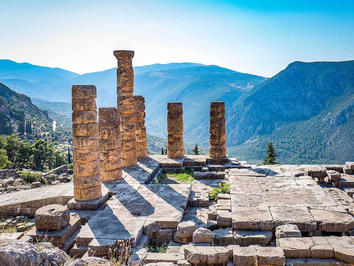 Ruins of the Temple of Apollo overlooking the valley at Delphi, Greece
