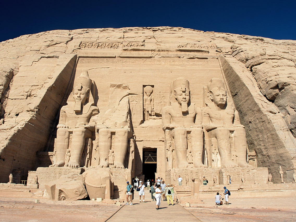 The rock-cut facade of the Great Temple of Ramesses II at Abu Simbel