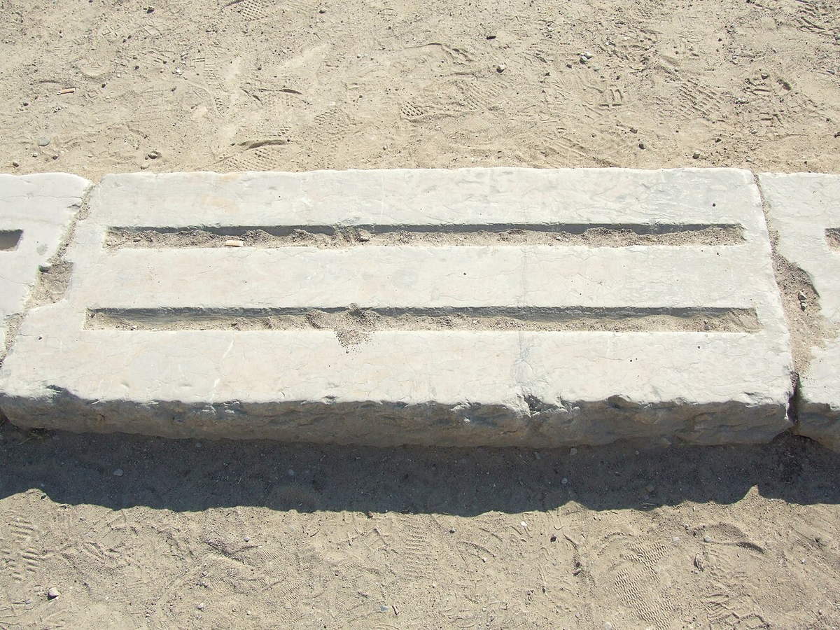 The stone starting line in the ancient stadium at Olympia, Greece