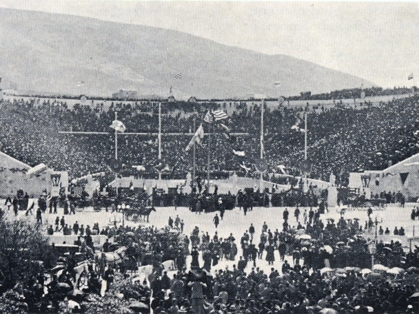 The Panathenaic Stadium during the opening of the 1896 Olympic Games