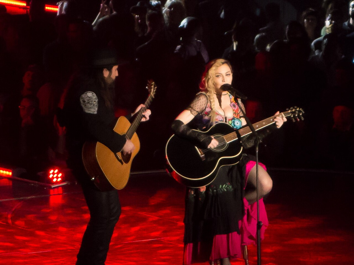 Madonna performing onstage in Las Vegas during the Rebel Heart Tour