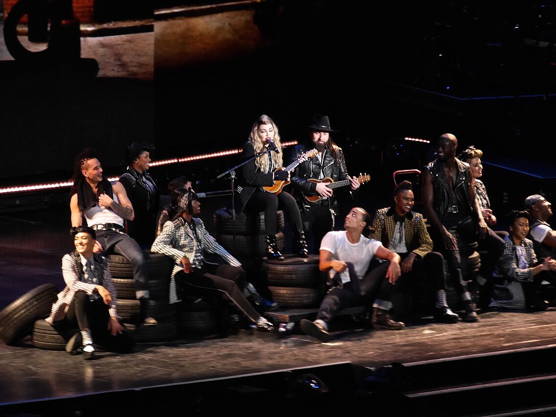 Madonna performing onstage in Amsterdam during the Rebel Heart Tour