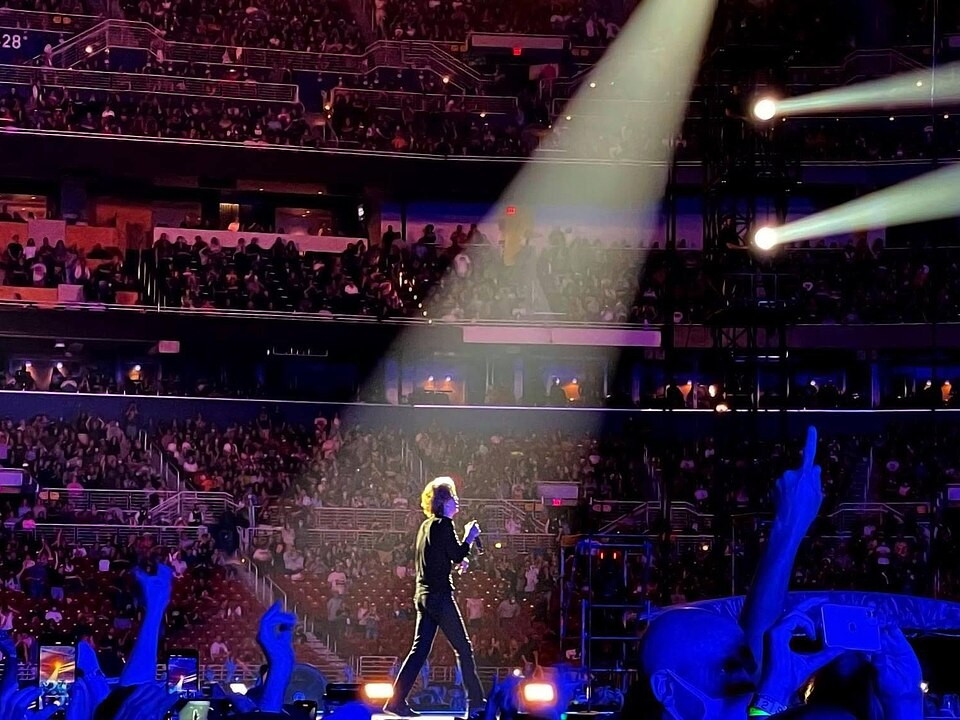 Mick Jagger entertaining the crowd during a Rolling Stones concert in St. Louis