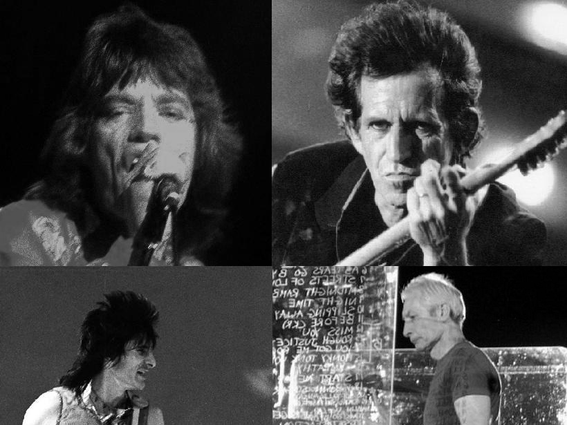 Portraits of Rolling Stones members Mick Jagger, Keith Richards, Ronnie Wood and Charlie Watts