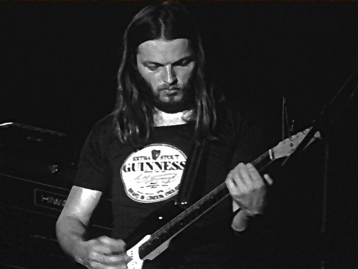 Pink Floyd guitarist David Gilmour playing a Stratocaster onstage