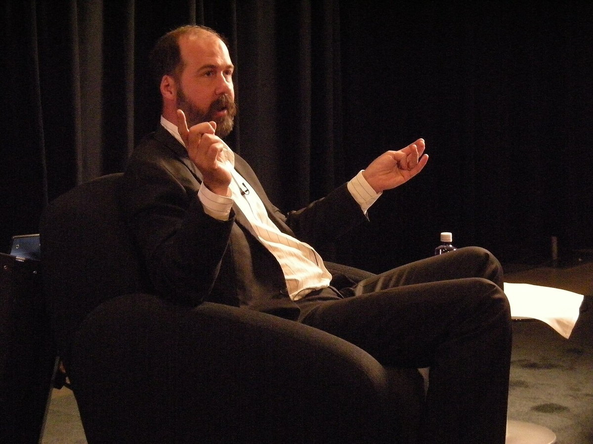 Nirvana bassist Krist Novoselic speaking at an event