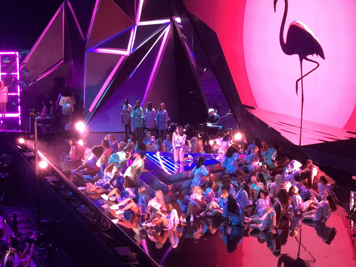 Dua Lipa performing onstage at the 2018 BRIT Awards