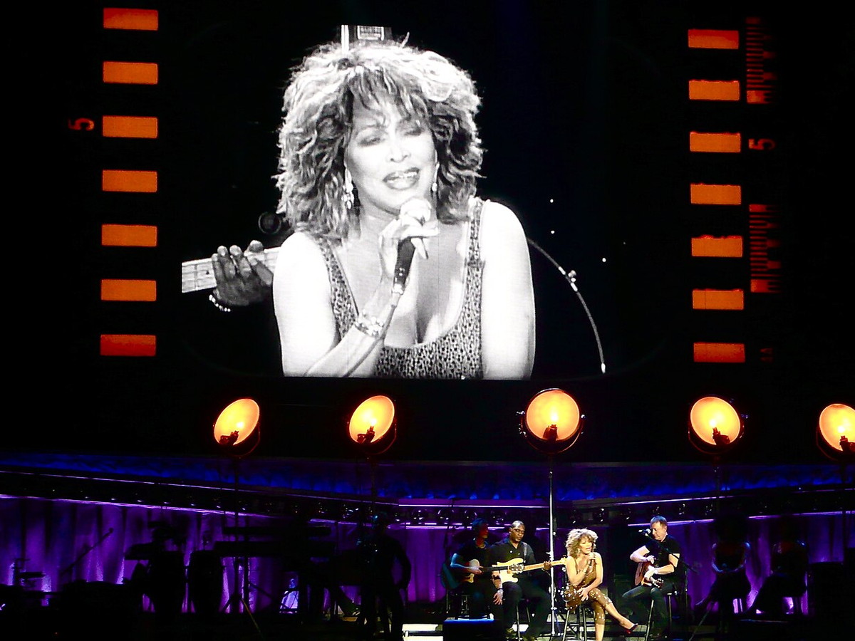 Tina Turner singing during a live concert