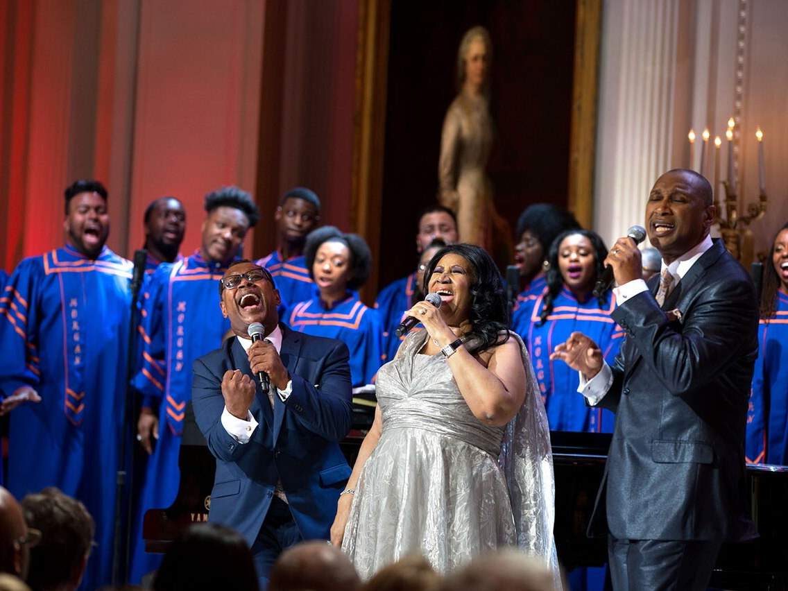 Aretha Franklin performing during a gospel concert at the White House in 2015