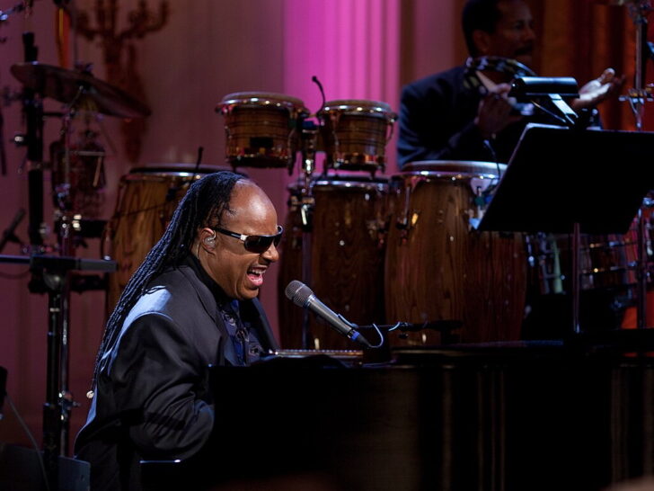 Stevie Wonder singing and playing keyboard during a live performance