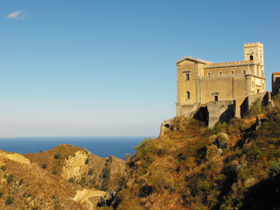 Church on a steep hill in Savoca, Sicily, used as a filming location for The Godfather