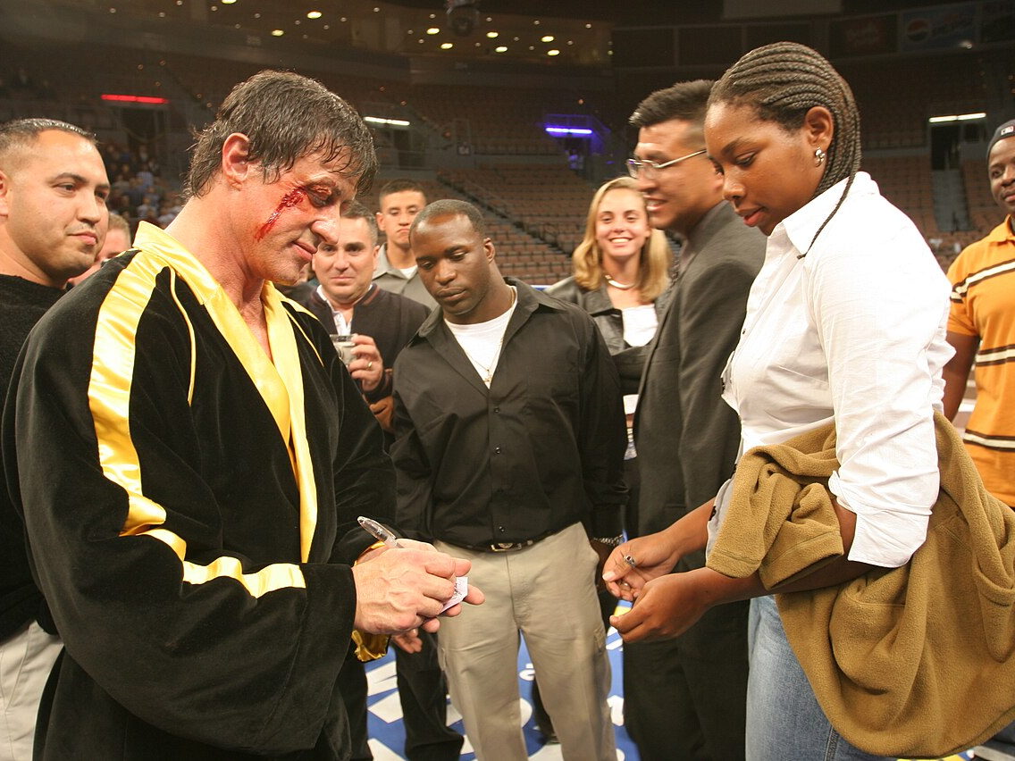 Sylvester Stallone portraying Rocky Balboa during filming in Philadelphia