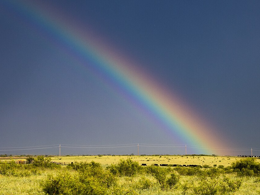A vivid rainbow on the receding edge of a strong Texas thunderstorm