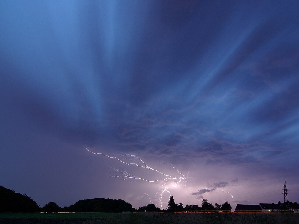 Lightning striking during a thunderstorm over Unna, Germany