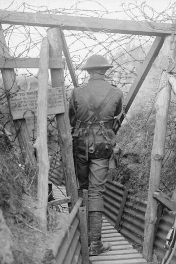 British soldiers standing in a front-line trench on the Western Front during World War I