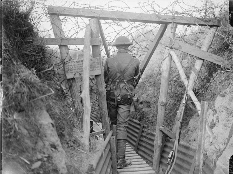 British soldiers standing in a front-line trench on the Western Front during World War I