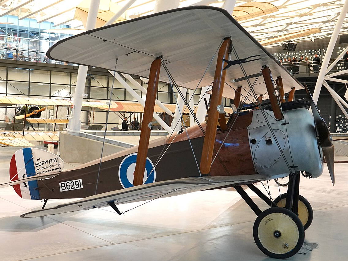 Restored 1917 Sopwith Camel fighter aircraft associated with World War I aviation