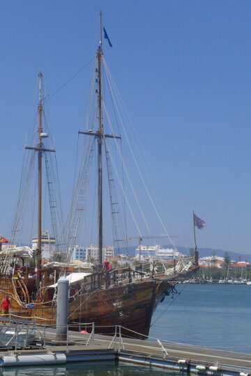Replica of a 15th- and 16th-century Portuguese caravel sailing near Portimao, Portugal