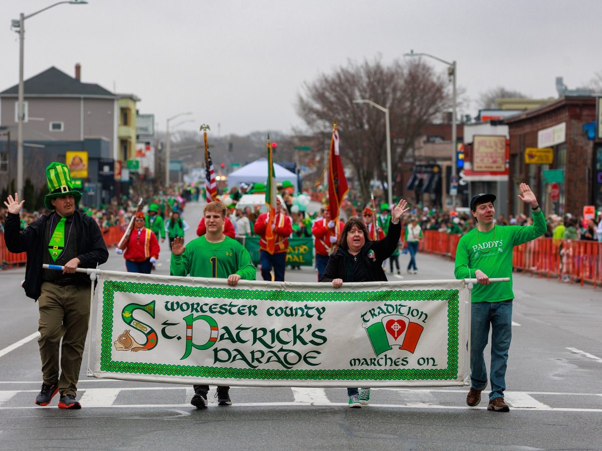 Crowds and marchers at a St. Patrick's Day parade in Worcester
