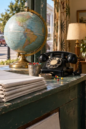 1950s newsstand still life with radio, globe, rotary telephone, and folded newspapers